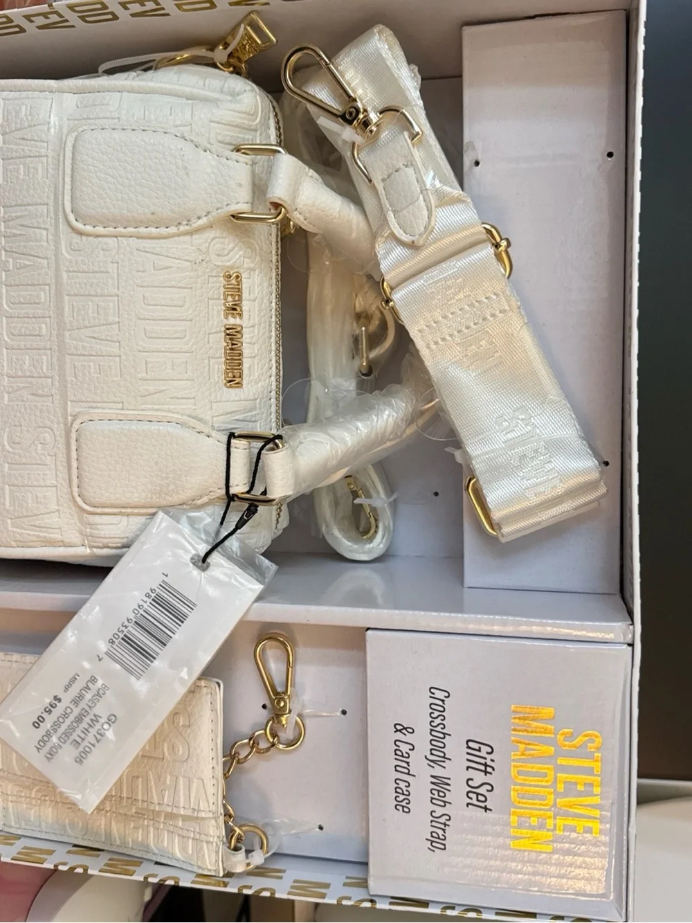 Steve Madden White Embossed Cardholder Keychain with Gold Hardware